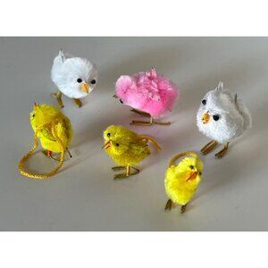 Vintage Easter Chicks Set of 6 Chenille Fuzzy Spring Basket & Tabletop Decor